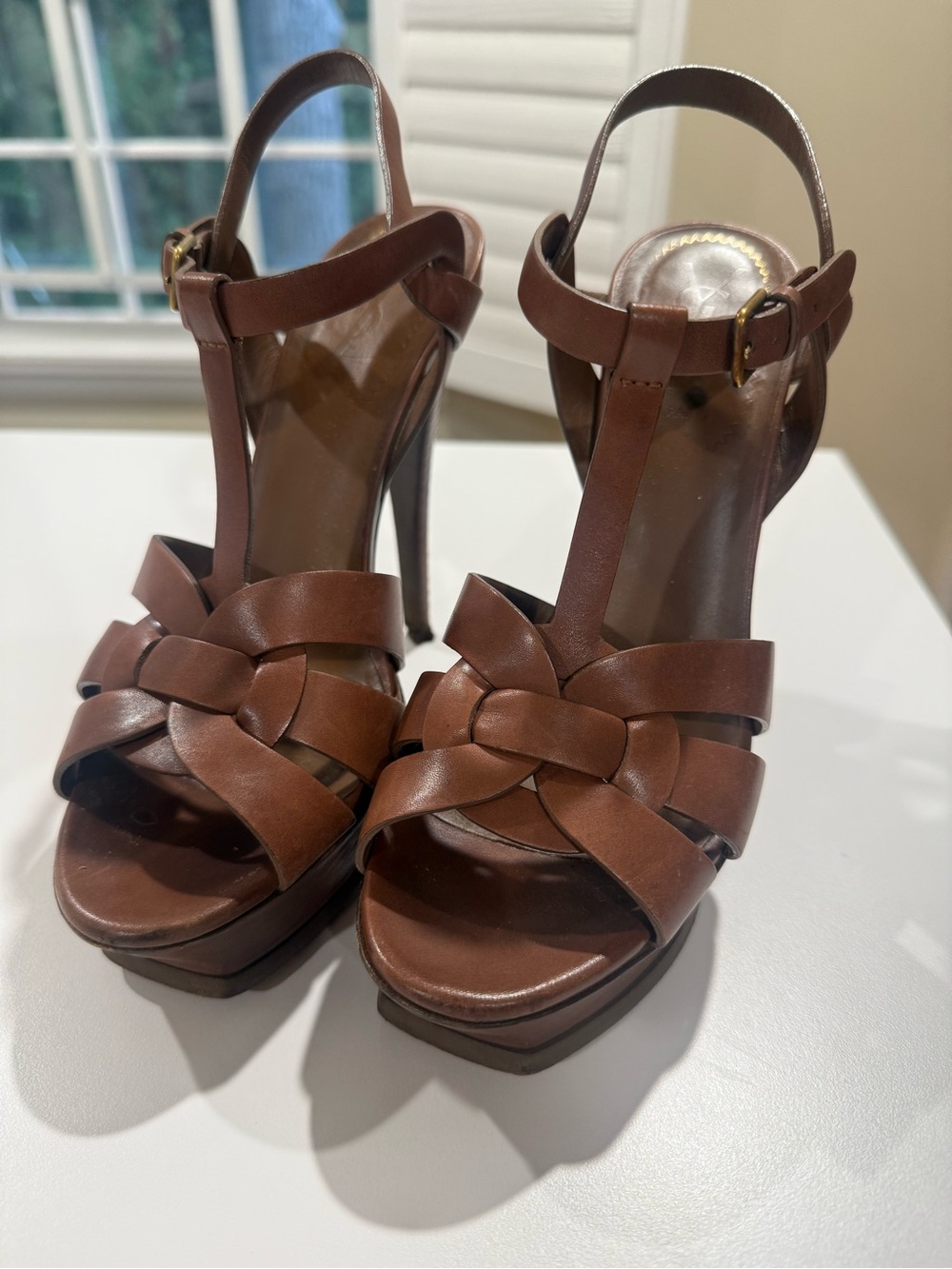 YSL Saint Laurent Brown Leather Tribute Platform Sandal Heels
